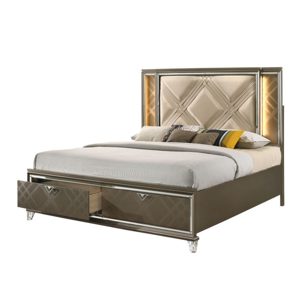 The Skylar collection immerses you in enduring glam and sophistication. Delight yourself in the features the stunning bed offers. Including champagne leatherette geometric padded headboards with touch function led lighting and matching wood frame embossed