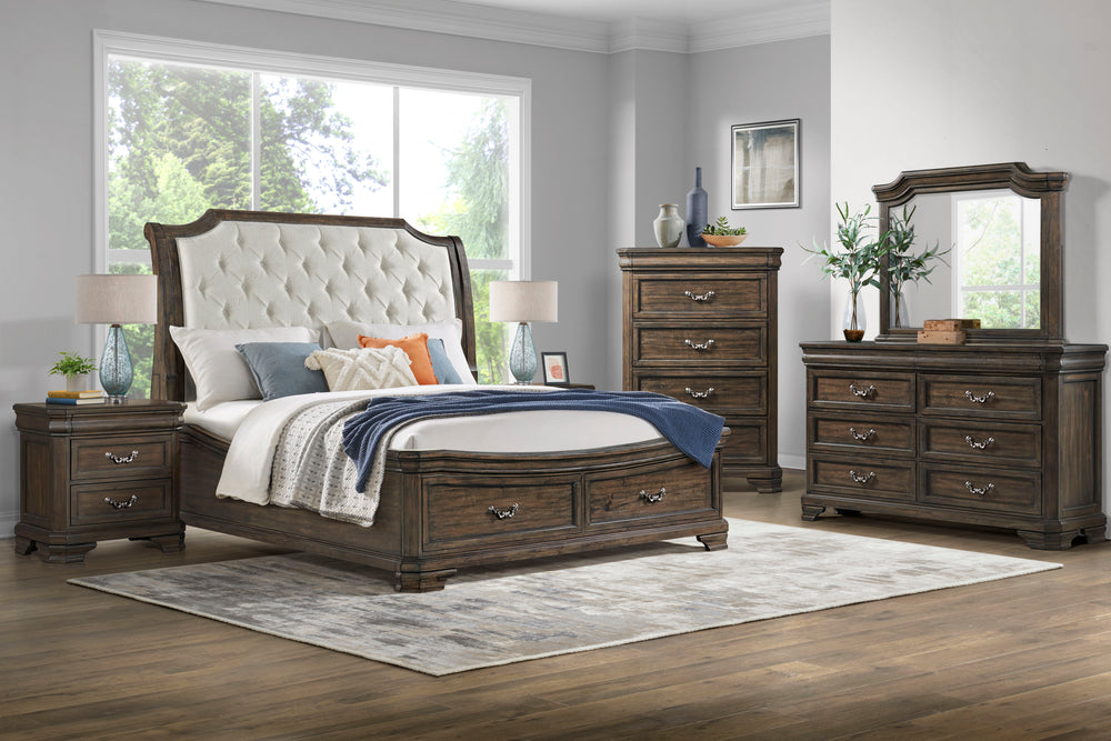Discover the Lyndhurst 5 Piece Bedroom Set, a testament to enduring craftsmanship and timeless style. This set includes a stunning bed, 6-drawer dresser, mirror, 2-drawer nightstand, and 5-drawer chest, all in rich walnut brown. Crafted from solid Acacia,