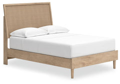 Clean-lined and contemporaryâ€”but far from starkâ€”this full panel bed is a fresh style awakening. Pairing a light finish with replicated oak grain and textured beige details that replicate the look of cane, its mixed materials bring a naturally versatil