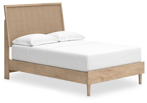 Clean-lined and contemporaryâ€”but far from starkâ€”this full panel bed is a fresh style awakening. Pairing a light finish with replicated oak grain and textured beige details that replicate the look of cane, its mixed materials bring a naturally versatil