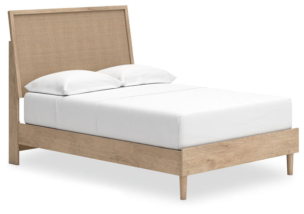 Clean-lined and contemporaryâ€”but far from starkâ€”this full panel bed is a fresh style awakening. Pairing a light finish with replicated oak grain and textured beige details that replicate the look of cane, its mixed materials bring a naturally versatil