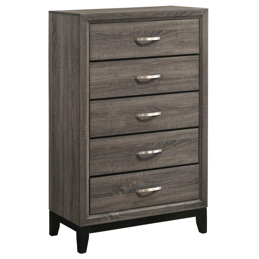Complete a retro motif with the fine details and color blocking from this grey five-drawer chest. Constructed of oak, the body showcases a light, exposed wood grain that oozes sophistication. Tapered legs in a black finish offer a modern feel, adding visu