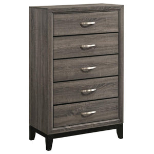 Complete a retro motif with the fine details and color blocking from this grey five-drawer chest. Constructed of oak, the body showcases a light, exposed wood grain that oozes sophistication. Tapered legs in a black finish offer a modern feel, adding visu
