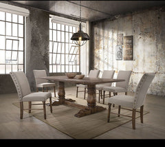Offering elegant and contemporary atmosphere, this Leventis dining set will be a bright focal point in your dining room. The table features double pedestal with trestle base & the armless chair with padded seat and back cushion. This will be an ideal piec