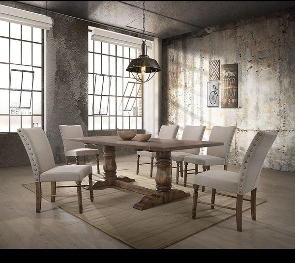 Offering elegant and contemporary atmosphere, this Leventis dining set will be a bright focal point in your dining room. The table features double pedestal with trestle base & the armless chair with padded seat and back cushion. This will be an ideal piec