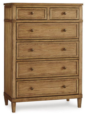 Taking a timeless approach to bedroom beauty, this chest of drawers brings easygoing elegance to the everyday. With its light brown wood tone, it seamlessly slips into your roomâ€™s aesthetic. Dark bronze-tone pulls accent the assorted storage drawers, ad