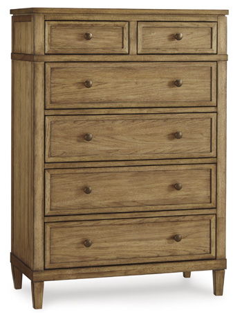 Taking a timeless approach to bedroom beauty, this chest of drawers brings easygoing elegance to the everyday. With its light brown wood tone, it seamlessly slips into your roomâ€™s aesthetic. Dark bronze-tone pulls accent the assorted storage drawers, ad