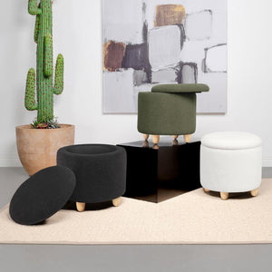 Valia - Faux Sheepskin Upholstered Round Storage Ottoman - Black