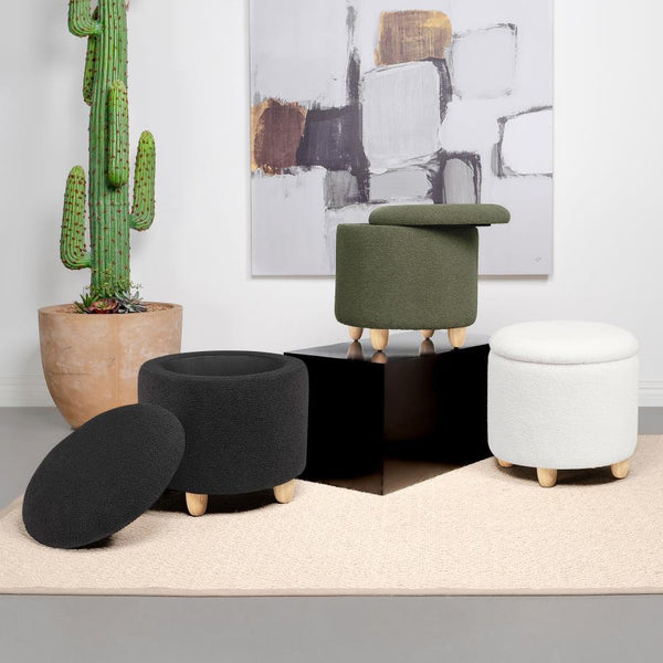 Valia - Faux Sheepskin Upholstered Round Storage Ottoman - Black
