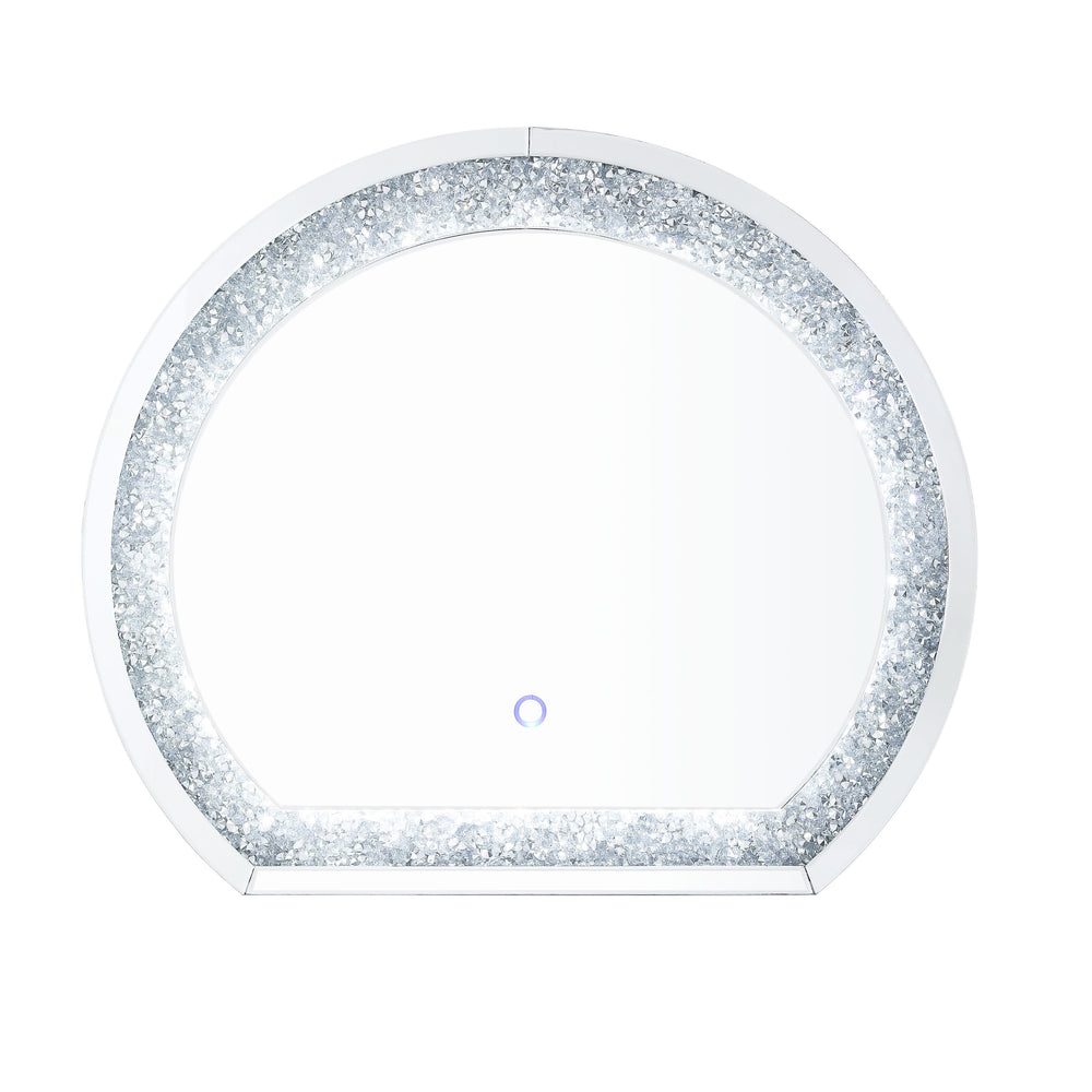 Reflect your charm and confidence in this glam style Noralie Mirror. The half-circle mirror with LED lights provides perfect view and brightness. Faux diamonds surround frame showcases an even more dazzling style, adding modern glamour to your space. Both