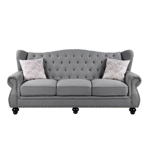 The timeless silhouette of the Hannes sofa collection makes it a great choice for your living area! With classy winged backs accented by buttonless tufting, nailhead trim on the rolled armrests, and wood bun-turned front legs, Hannes combines the best of 