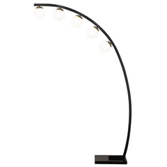 A full moon ascends the horizon, creating the inspiration for a modern five-light floor lamp. Its graceful arc silhouette is adorned with a crisp black finish, evoking midnight skies, complete with a rectangular base that provides stability. Climbing the 