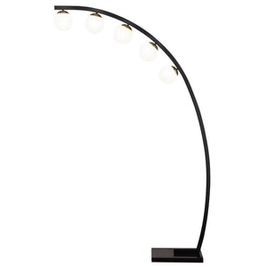 A full moon ascends the horizon, creating the inspiration for a modern five-light floor lamp. Its graceful arc silhouette is adorned with a crisp black finish, evoking midnight skies, complete with a rectangular base that provides stability. Climbing the 