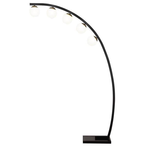 A full moon ascends the horizon, creating the inspiration for a modern five-light floor lamp. Its graceful arc silhouette is adorned with a crisp black finish, evoking midnight skies, complete with a rectangular base that provides stability. Climbing the 