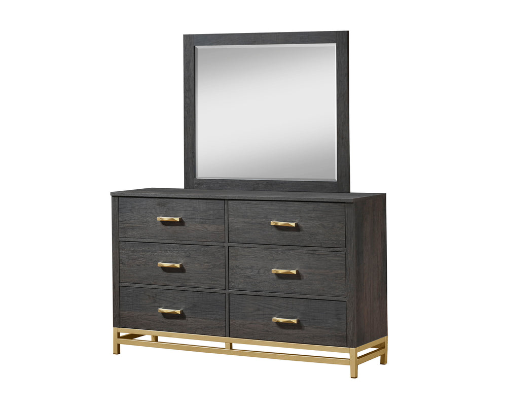 Step into a realm of contemporary sophistication with this bedroom collection. Flaunting a harmonious blend of rich, warm wood tones and bold, metallic accents, each piece exudes a luxe yet inviting appeal. The bed, with its sleek, linear design and strik