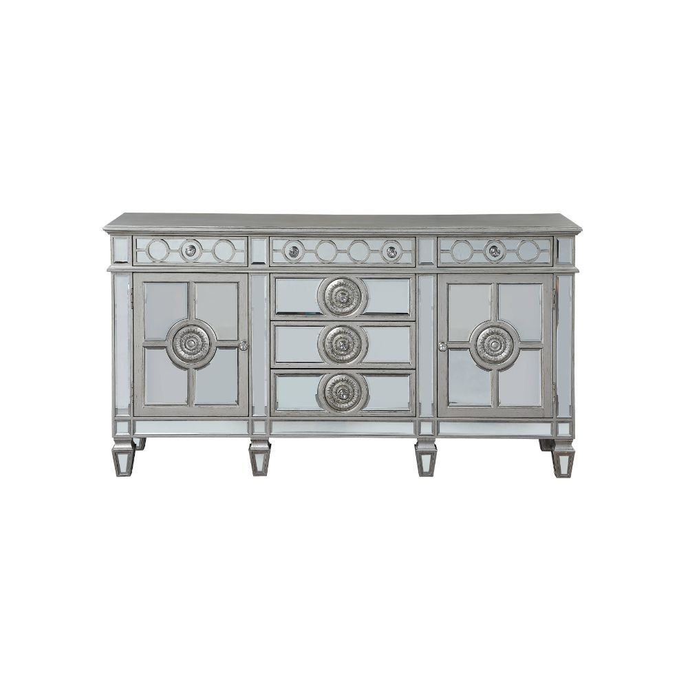 Server Storage: 6 Drawers, 2 Doors (Inside 2 Compartments w/1 Wooden Shelf) Wooden Top & Frame, Raised Geometric Trim, Beveled-Mirror Inlay (Door/Drw/Case), Tapered Leg CONSTRUCTION] Wooden Frame: Beveled Mirror, Wood (Poplar+Rbw), MDF Mirrored Tapered Le