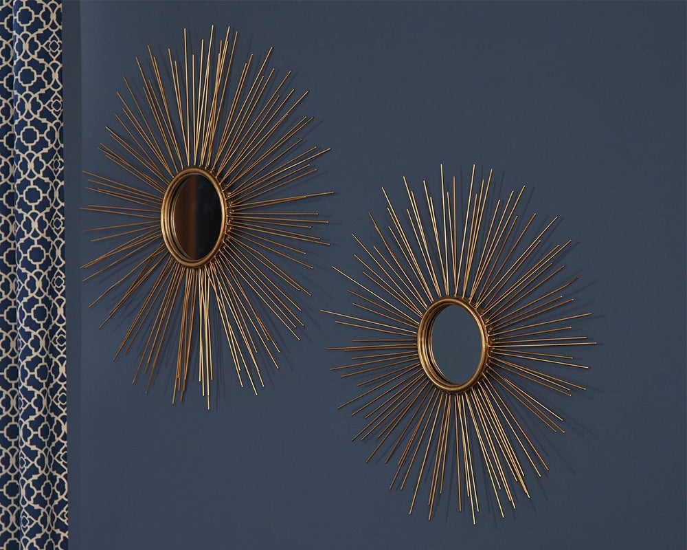 Bring a burst of energy into your space with this striking sunburst mirror. The blend of an ultra-mod aesthetic with an antiqued goldtone finish is a beautiful balance.<br><br><b>Additional Dimensions</b><br><ul><li>Accent mirror-small: 0-"</li><li>Accent