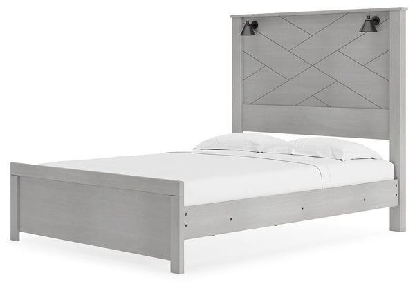 Cottonburg - Light Gray / White - Queen Panel Bed with Sconce Lights