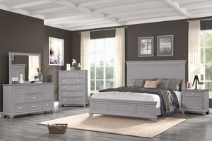 The Jamestown 5-Piece Wood Bedroom Set in Gray combines durability, style, and functionality to create a serene and elegant bedroom retreat. This set includes a Panel Bed, Dresser, Mirror, Nightstand, and Chest of Drawers, each expertly crafted from solid