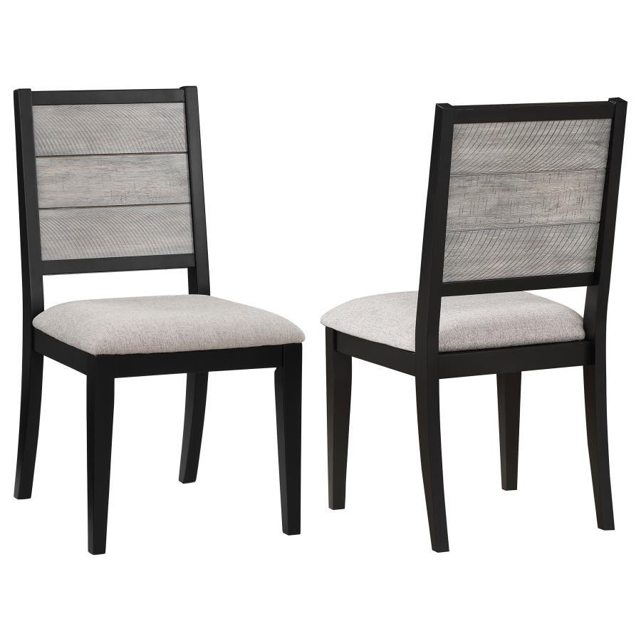 Complete your dining set with these stylish chairs featuring a sleek grey and black two-tone finish. Designed with a sturdy plywood base, they offer durability and stability. The cozy dove grey fabric, crafted from 100% polyester, provides a comfortable s