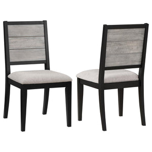Complete your dining set with these stylish chairs featuring a sleek grey and black two-tone finish. Designed with a sturdy plywood base, they offer durability and stability. The cozy dove grey fabric, crafted from 100% polyester, provides a comfortable s