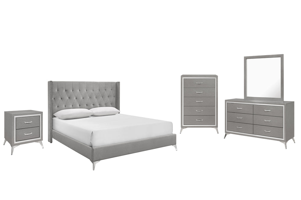 The Huxley 5-Piece Bedroom Set in Gray combines contemporary glam with durable craftsmanship for a stylish and functional bedroom. This set includes an upholstered bed with headboard, footboard, two side rails, and slat kit, along with a 6-drawer dresser,