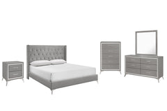 The Huxley 5-Piece Bedroom Set in Gray combines contemporary glam with durable craftsmanship for a stylish and functional bedroom. This set includes an upholstered bed with headboard, footboard, two side rails, and slat kit, along with a 6-drawer dresser,