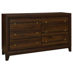 Create easy storage and organization in your bedroom with a modern six-drawer dresser. Its familiar silhouette provides a spacious top, perfect for decor or a jewelry box to add a personalized touch. The dresser boasts a rich walnut wood grain finish over