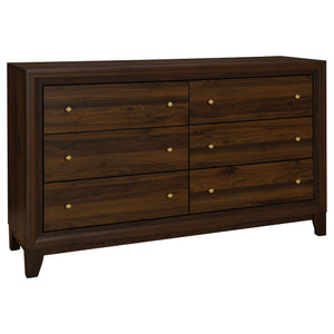 Create easy storage and organization in your bedroom with a modern six-drawer dresser. Its familiar silhouette provides a spacious top, perfect for decor or a jewelry box to add a personalized touch. The dresser boasts a rich walnut wood grain finish over