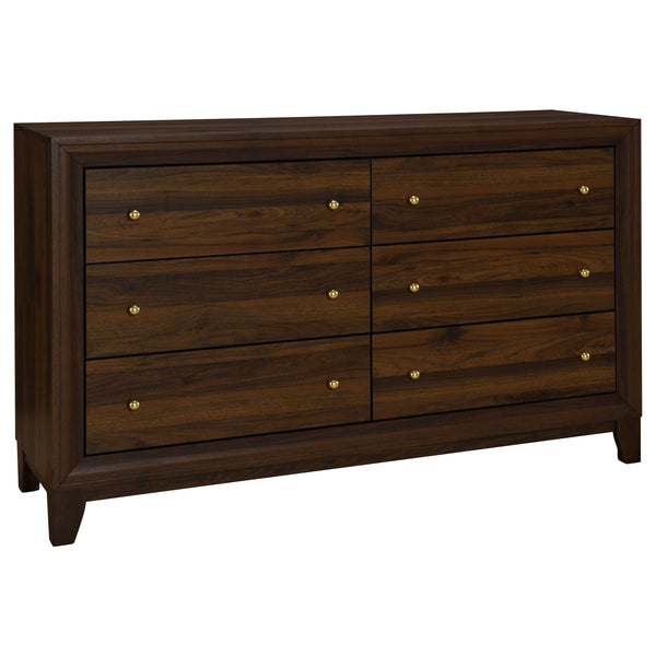 Create easy storage and organization in your bedroom with a modern six-drawer dresser. Its familiar silhouette provides a spacious top, perfect for decor or a jewelry box to add a personalized touch. The dresser boasts a rich walnut wood grain finish over