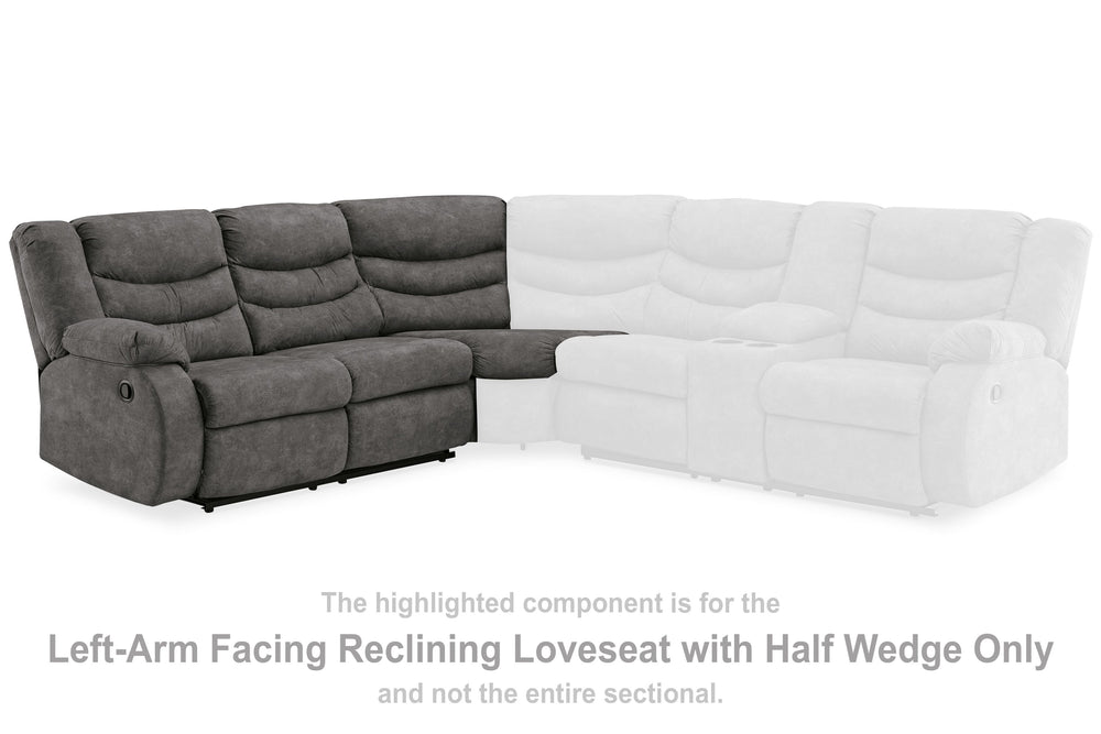 This left-arm facing reclining loveseat with half wedge is made with faux leather upholstery. Pairs with other items in the series to make a sectional.<br><br><b>Additional Dimensions</b><br><ul><li>Arm height: 26-"</li><li>Seat depth: 22-"</li><li>Seat h