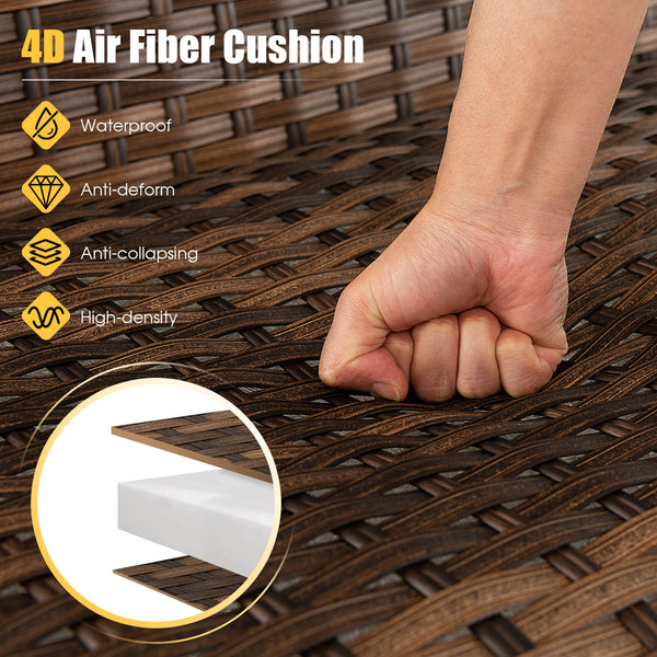 Make rain seep directly from top to bottom thanks to 4D air fiber cushion<br>The DPC tabletop is high temperature resistant for outdoor use <br>Hand-woven mix brown PE rattan for fade resistance and sun protection<br>Sturdy metal frame with anti-slip foot