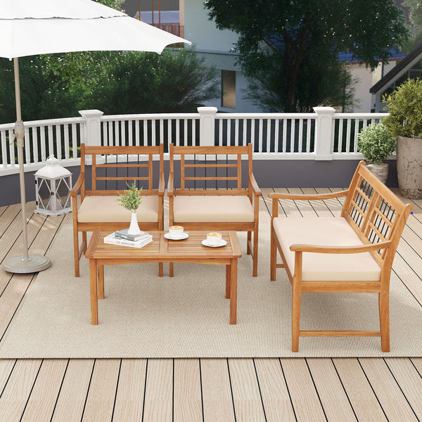 Made of selected acacia wood for strong support and long-time use<br>Comfortable seat cushions make you more relaxed<br>Zippered cushion covers for simple maintenance<br>Fixing ties keep the cushions in place<br>Ergonomic backrest and armrests bring more 