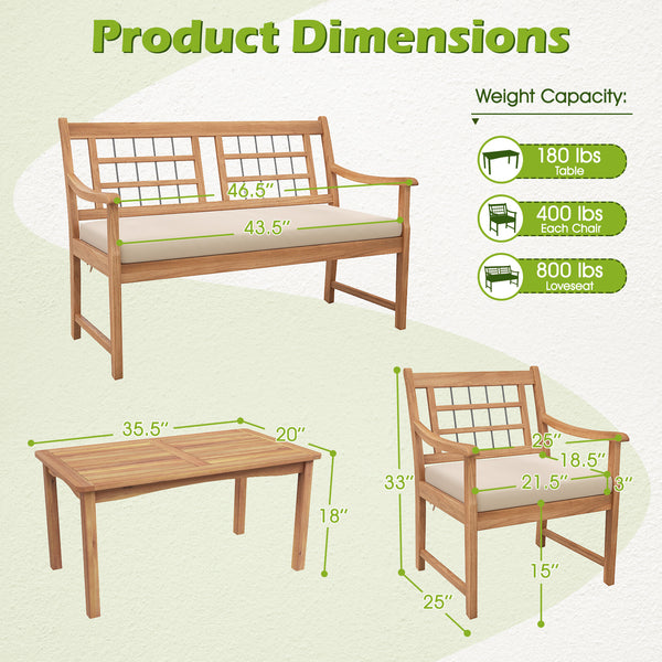 Made of selected acacia wood for strong support and long-time use<br>Comfortable seat cushions make you more relaxed<br>Zippered cushion covers for simple maintenance<br>Fixing ties keep the cushions in place<br>Ergonomic backrest and armrests bring more 