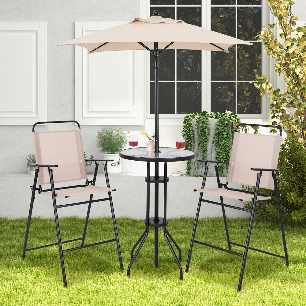 With ventilated  waterproof and sun-proof umbrellas for outdoor enjoyment <br>Removable umbrella fitted in the built-in umbrella hole can be used separately <br>High-top bar table with 2 fixing brackets to further keep the umbrella in place <br>Heavy-duty
