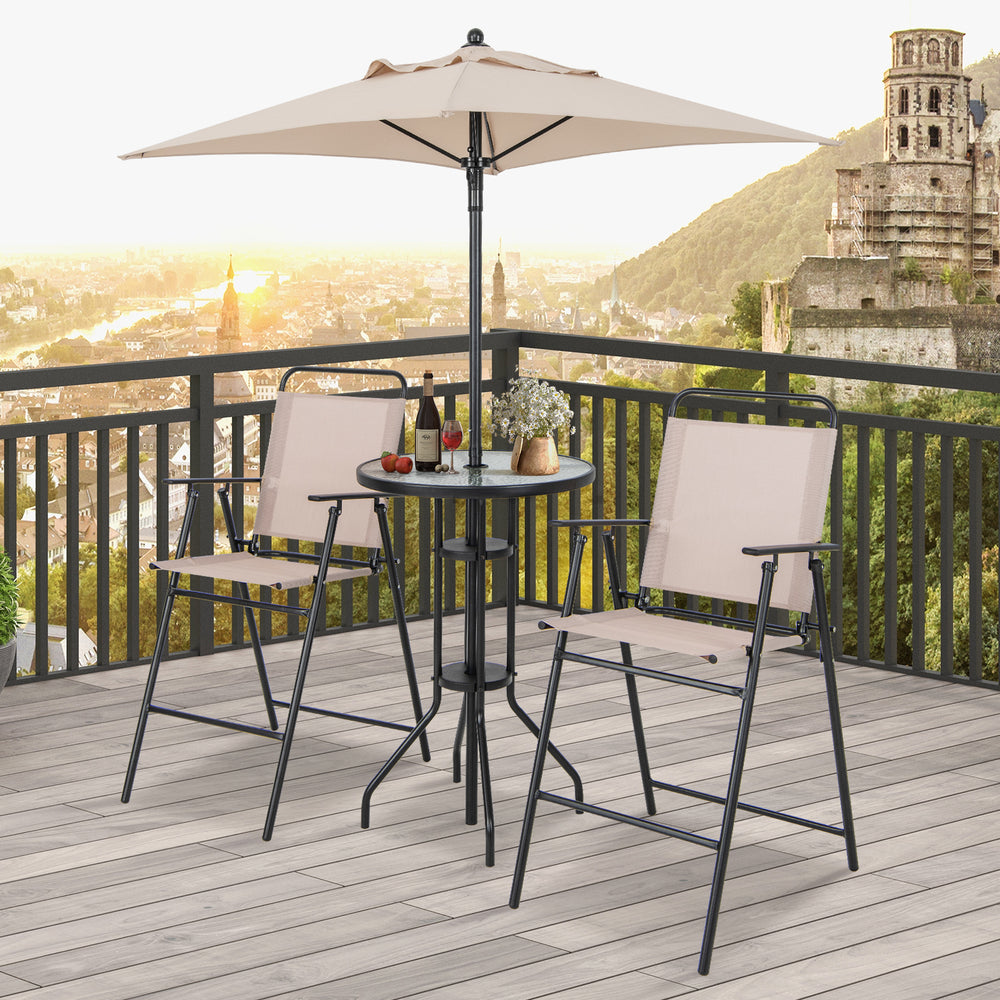 With ventilated  waterproof and sun-proof umbrellas for outdoor enjoyment <br>Removable umbrella fitted in the built-in umbrella hole can be used separately <br>High-top bar table with 2 fixing brackets to further keep the umbrella in place <br>Heavy-duty