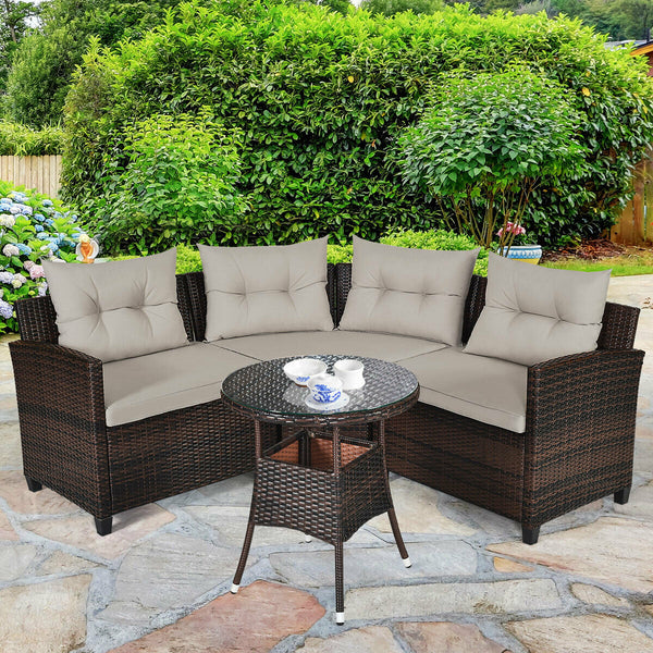 The sturdy and durable steel frame ensures sturdiness of the set<br>Tight and hand-woven rattan can withstand moderate rain or wind<br>Thick and soft cushion with a high-density sponge for your hip and back<br>Cover with the zipper of the seat cushion is 