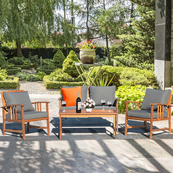 The solid and hardwood frame adds sturdiness to the set Not easy to deform and crack of the frame Painted with clear varnish and beauty can be kept for a long time Rearranged in various ways to meet your different needs Thick and soft cushions will provid