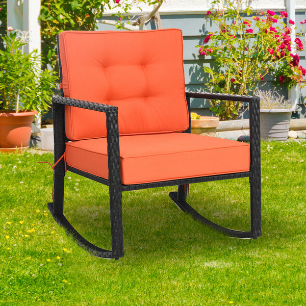 Sturdy and durable frame with exquisite rattan <br>Comfortable and safe rocking function <br>Thick and soft cushion for seat and back <br>Cushions are fixed by strings to prevent a move <br>Pads at the bottom can avoid sliding and protect rattan <br>Desig