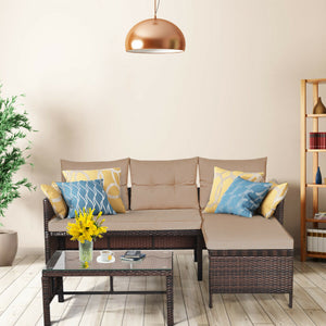 Outdoor sectional sofa  available for 3-4 friends comfortably with a glass table to hold food and drinks <br>Premium transparent tempered glass top  securely placed on the sturdy wicker table  more convenient to clean <br>L-shape design fits any corner of