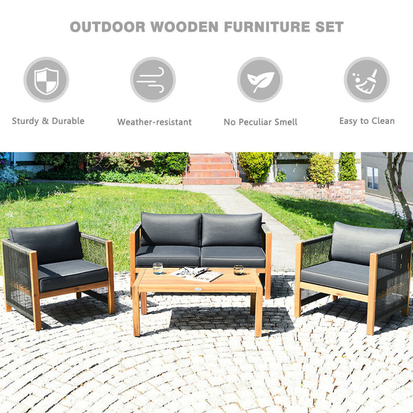Solid and hard wooden frame enhances sturdiness of the set. <br>Rearrangeable in various configurations to meet your varying needs <br>Thick and soft cushions provide an excellent comfort. <br>Elegant and tight nylon rope decorated armrest. <br>Zipper int