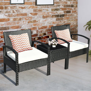 This rattan patio conversation set which will provide you a comfortable experience in your leisure time. Â  This set of outdoor furniture is made of high-quality rattan and strong steel  which is durable and has a long service life. The thick soft cushion