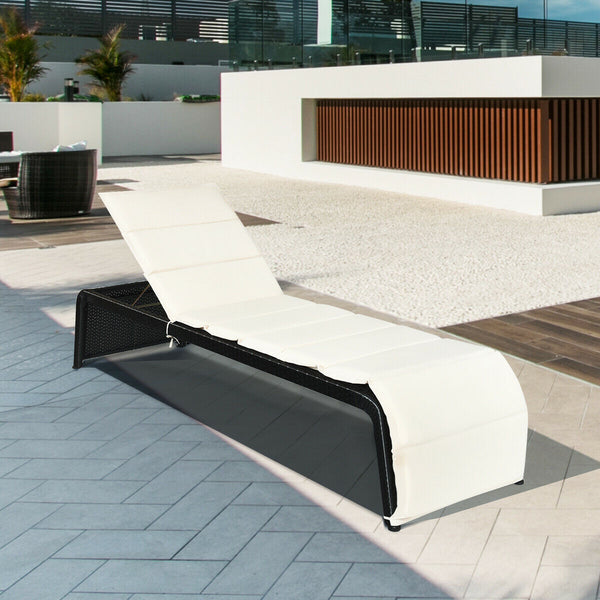Tightly hand-woven rattan can withstand the moderate change in weather <br>The heavy-duty steel frame ensures the sturdiness of the chaise lounge <br>Adjustable backboard with five different positions <br>Soft and thick cushion for comfortable seating <br