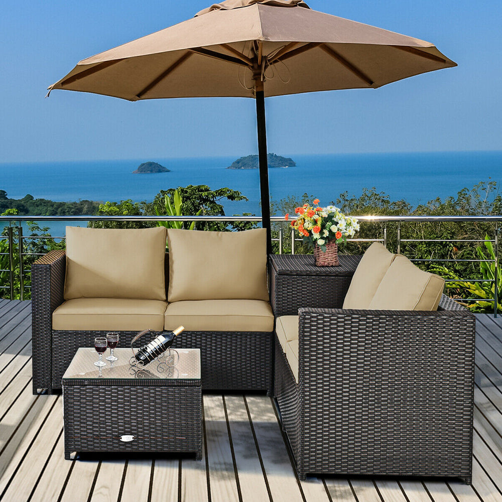 Made of rattan with good toughness and weather-resistant function<br>Reinforced steel frame with excellent stability<br>Padded seat and back cushions for soft and comfortable sitting feeling<br>Coffee table with tempered glass for strong supporting<br>End