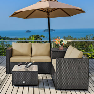 Made of rattan with good toughness and weather-resistant function<br>Reinforced steel frame with excellent stability<br>Padded seat and back cushions for soft and comfortable sitting feeling<br>Coffee table with tempered glass for strong supporting<br>End