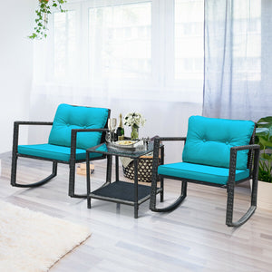 Including 1 table with tempered glass top and 2 rocking chairs <br>Sturdy and heavy steel frame ensures large weight capacity <br>High-quality PE wicker can withstand the moderate change in weather <br>Slightly sloping back and seat of the rocking chair o