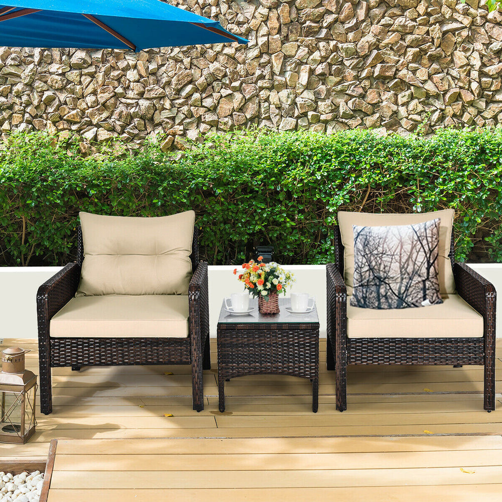 Made of high-quality PE rattan with strong toughness  it is not easy to break<br>Sturdy metal frame structure with superior load-bearing performance<br>A soft sponge filled cushions  comfortable and breathable<br>The thick tempered glass tabletop is sturd