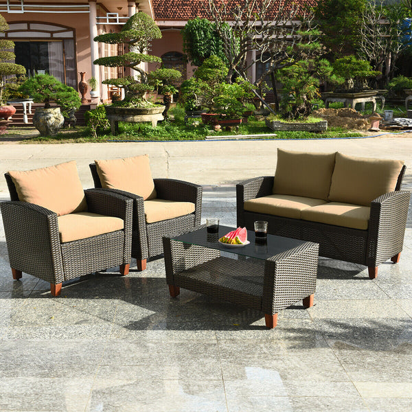 With modern and elegant appearance  the set will fit any style of decoration and decors perfectly. Â  Made of PE wicker and sturdy frame  the set has a large weight capacity and is weather-proof for durable use. Both single chair and loveseat feature ergo