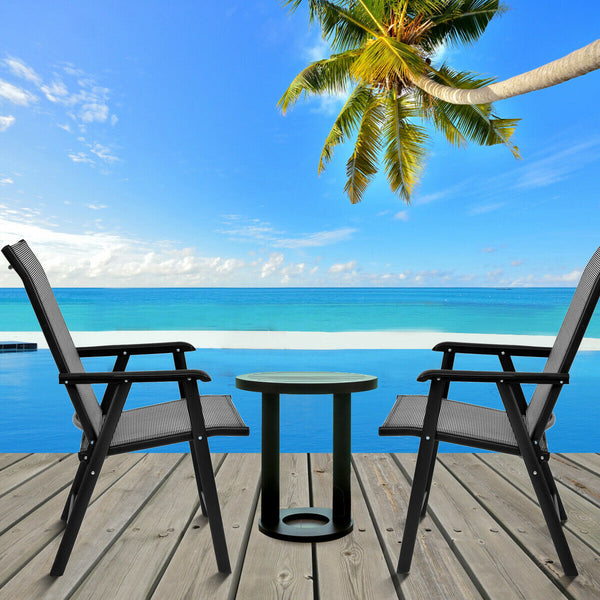 Metal powder coating frame is easy to clean<br>Chair can be used indoors and outdoors<br>2 ergonomic armrests for comfortable arm placement<br>Set of 2 chairs has good abrasion and water resistance<br>Set of 2 chairs is in fabric that can withstand bad we