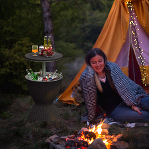 The retractable tabletop is fixed tightly by the knob <br>Flexible adjustment of 22.5'' and 32.5'' <br>Multiple uses as a patio side table and an ice bucket <br>8 gal capacity to store various drinks and snacks <br>Drainage hole with a plug for easy clean